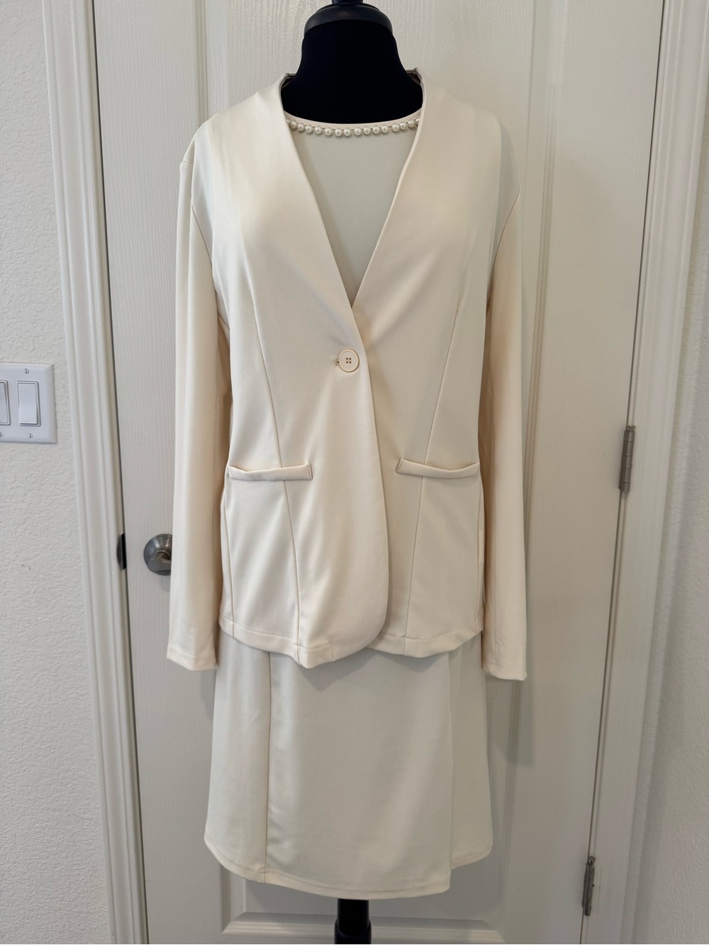 Cream Two-Piece Blazer and Sleeveless Dress